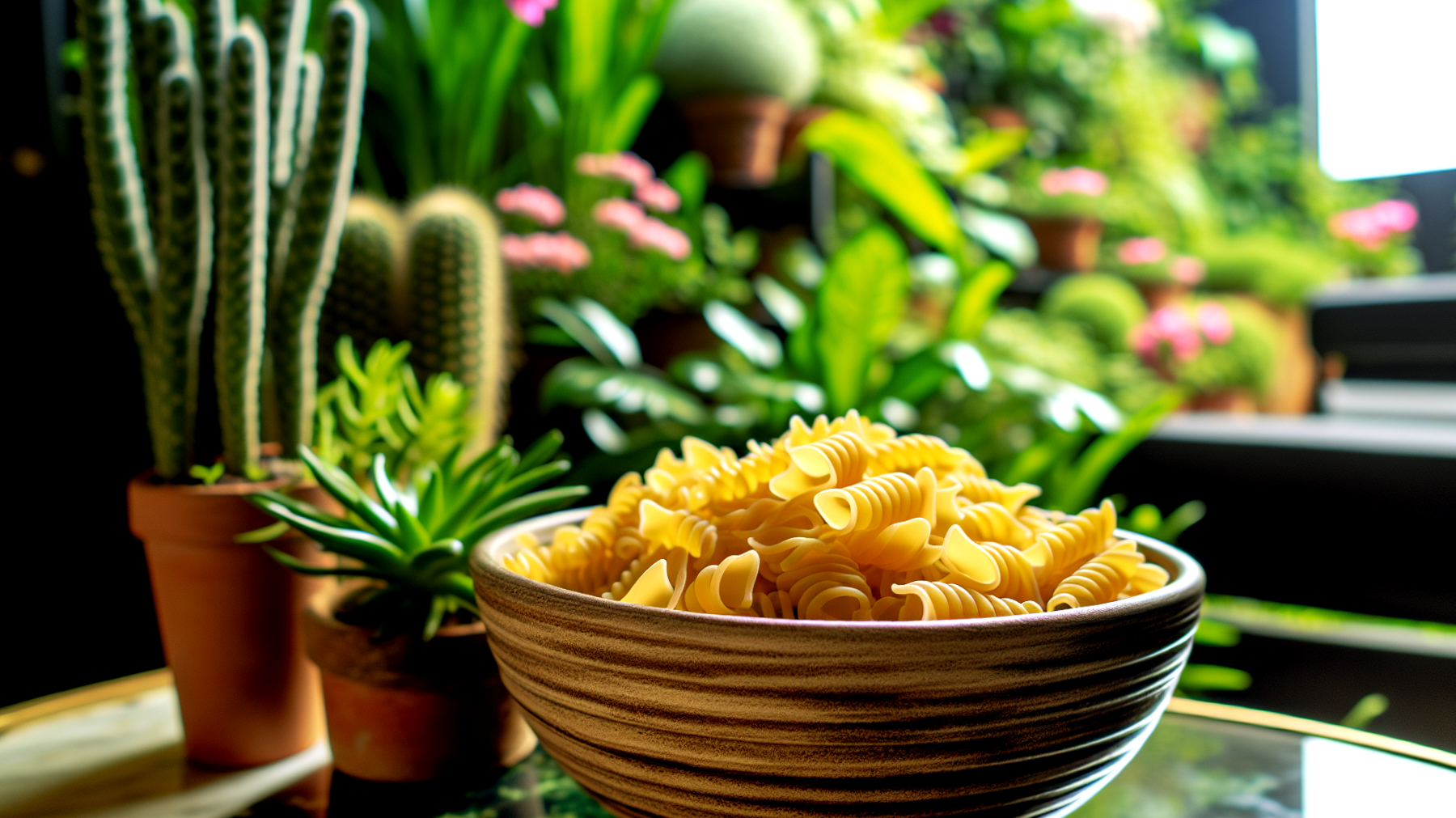 pasta colorata, fiori commestibili, impiattamento artistico"